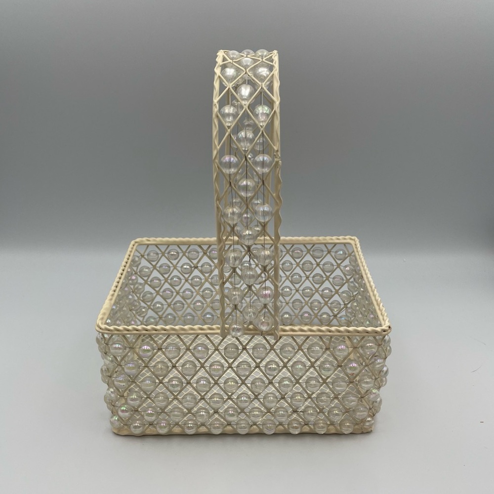 Vintage Small Iridescent Beaded Cream Metal Basket with Handle